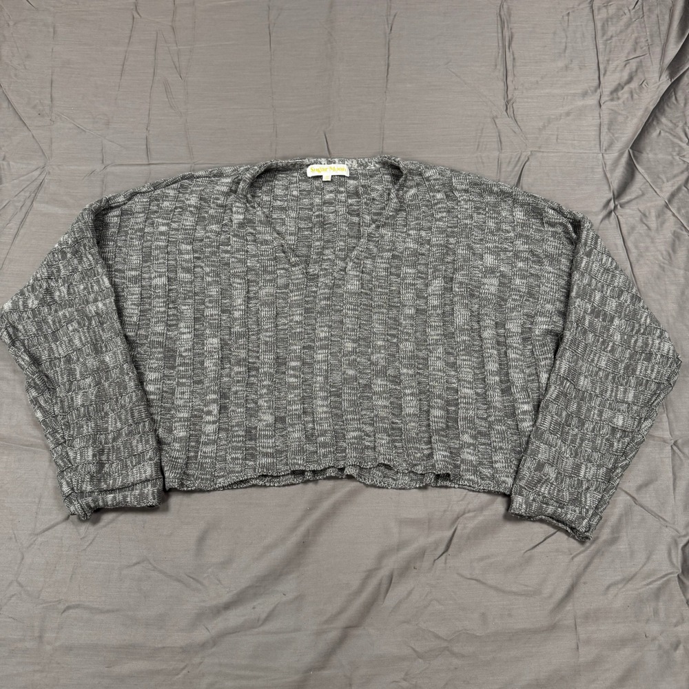 Sugar Moon Gray Marl Cropped V-Neck Sweater Womens 2X Oversized Knit Ribbed